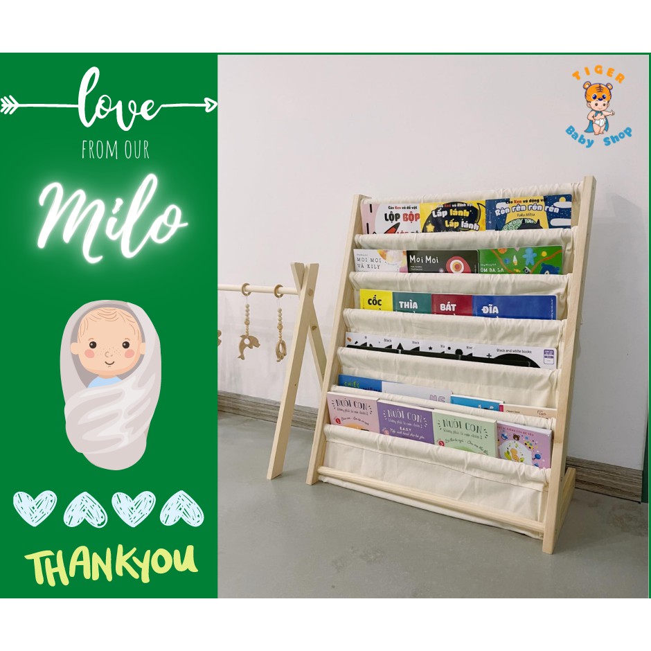 Kệ sách Montessori 7 tầng làm từ 100% gỗ thông tự nhiên và vải canvas cho bé đựng sách nuôi dưỡng tình yêu đọc sách