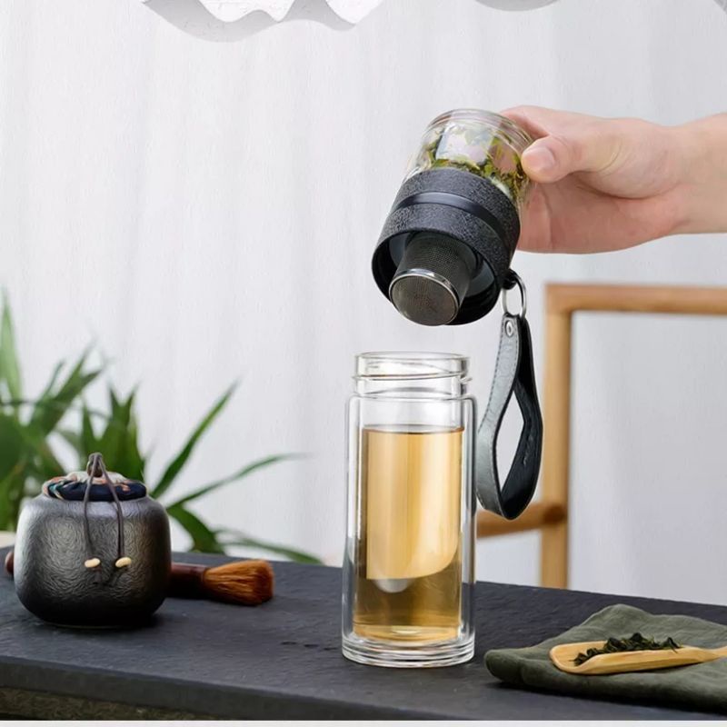 Bình Thủy Tinh 2 Lớp 450ml Pha Trà Cách Nhiệt Lõi Lọc Inox 304 Kèm Quai Xách Tiện Lợi