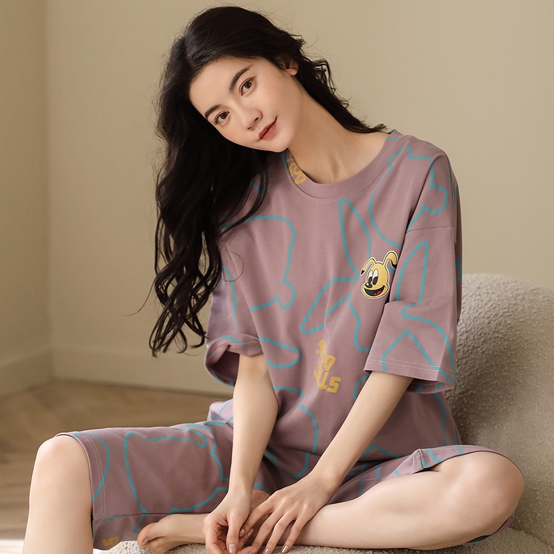 Bộ Đồ Ngủ Vải Cotton Tay Ngắn Dáng Rộng Thoải Mái Cho Nữ