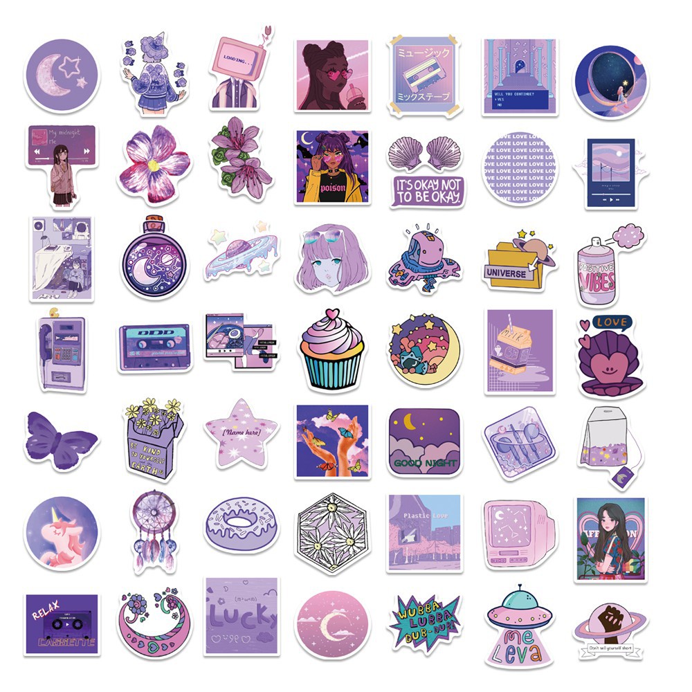 Sticker chống nước Màu Tím 50 chiếc dán nón bảo hiểm, laptop, vali