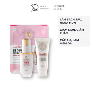 Bộ giảm mụn thâm sẹo rổ KimKul Pro Acne Serum + mặt nạ collagen + sữa rửa mặt cho nữ