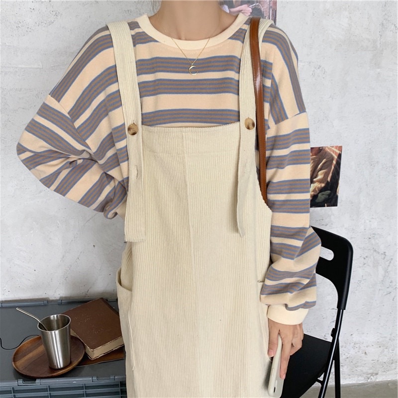 Set áo Len sweater chất dày dặn + váy yếm nhung tăm dáng suông phong cách Hàn Quốc