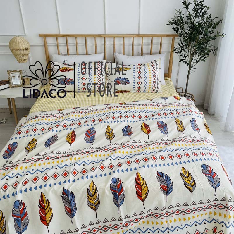 [Mã giảm 100k đơn 250k] Bộ chăn ga gối cotton poly Lidaco decor phòng ngủ vintage - Lông Chim Thổ Cẩm ( SP001279) | BigBuy360 - bigbuy360.vn