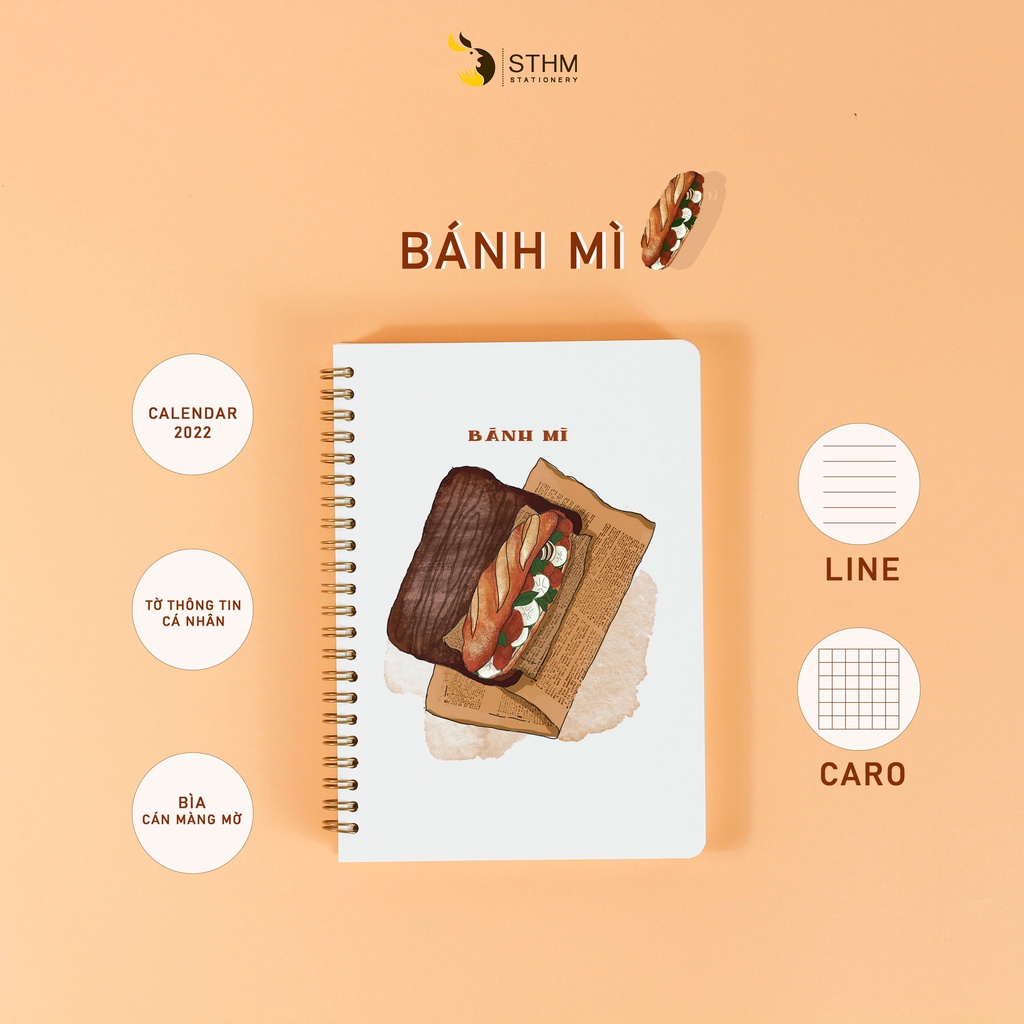 BÁNH MÌ - Sổ tay bìa cán màng mờ - Ruột kem 100gsm - STHM stationery