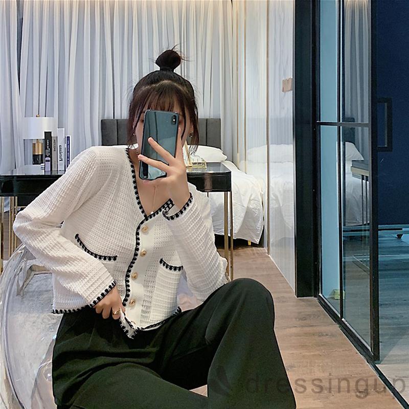 Áo croptop dệt kim tay dài cổ chữ V dáng rộng cài nút kiểu retro cho nữ