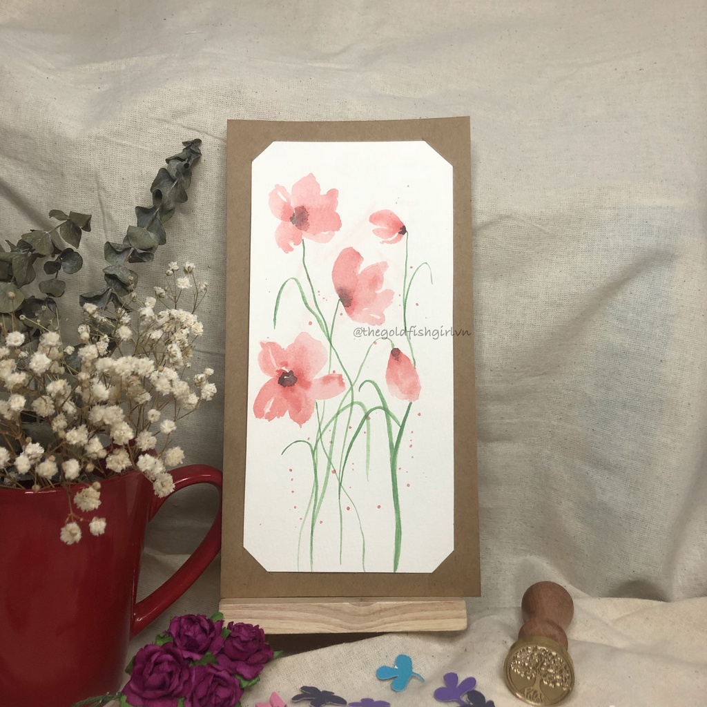 Tranh hoa vẽ tay màu nước trên giấy dày, trang trí tường, bàn học