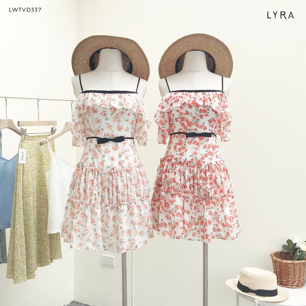 Váy hoa nhí ngang vai phối hatubai thiết kế by LYRA, chất liệu voan dáng xòe nhún cách điệu xinh xắn, ngọt ngào-LWTVD337