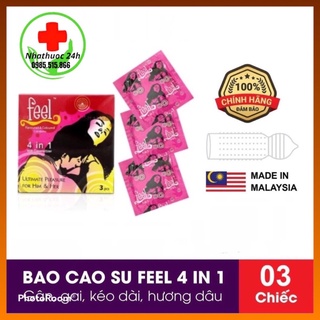 [CHÍNH HÃNG] Hộp 3 Bao Cao Su FEEL 4 IN 1 Gân Gai, Hương Dâu, Kéo Dài Thời Gian Quan Hệ