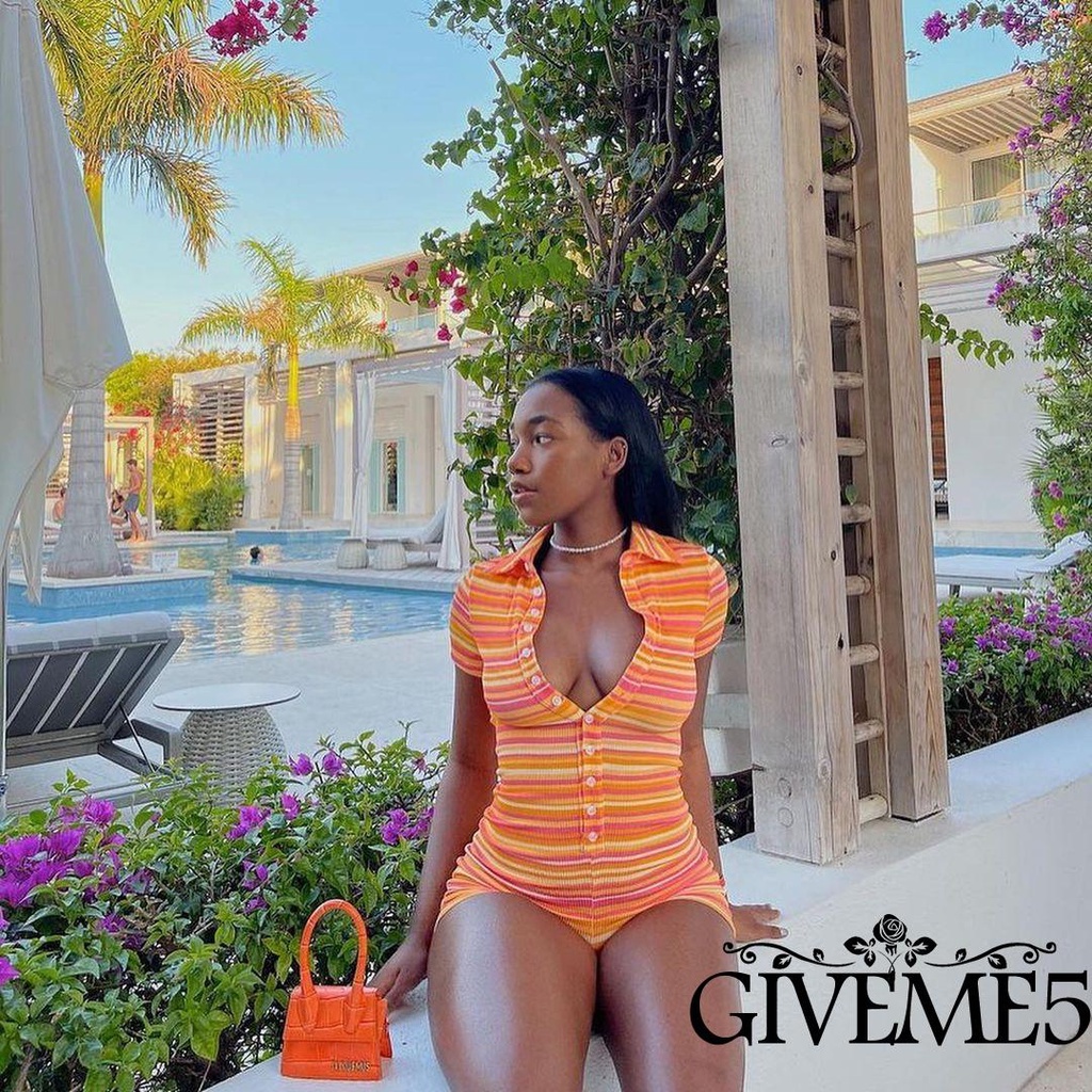 Bộ Áo Liền Quần Tay Ngắn Họa Tiết Kẻ Sọc Thời Trang Mùa Hè Cho Nữ | BigBuy360 - bigbuy360.vn