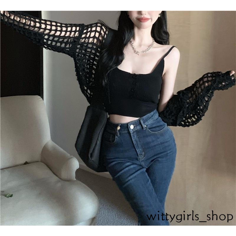 Wittygirls_ Shop | Áo Khoác Cardigan Dệt Kim Tay Dài Dáng Rộng Phối Lưới Thời Trang Mùa Thu