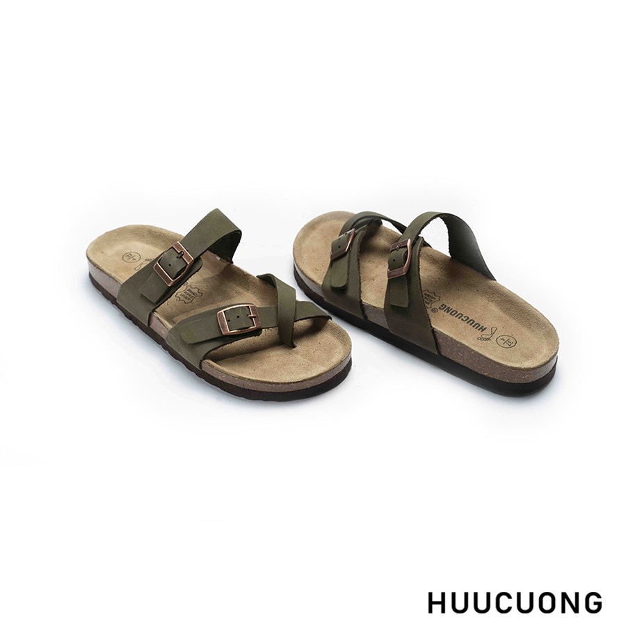 Dép unisex  Huucuong xỏ ngón da bò rêu