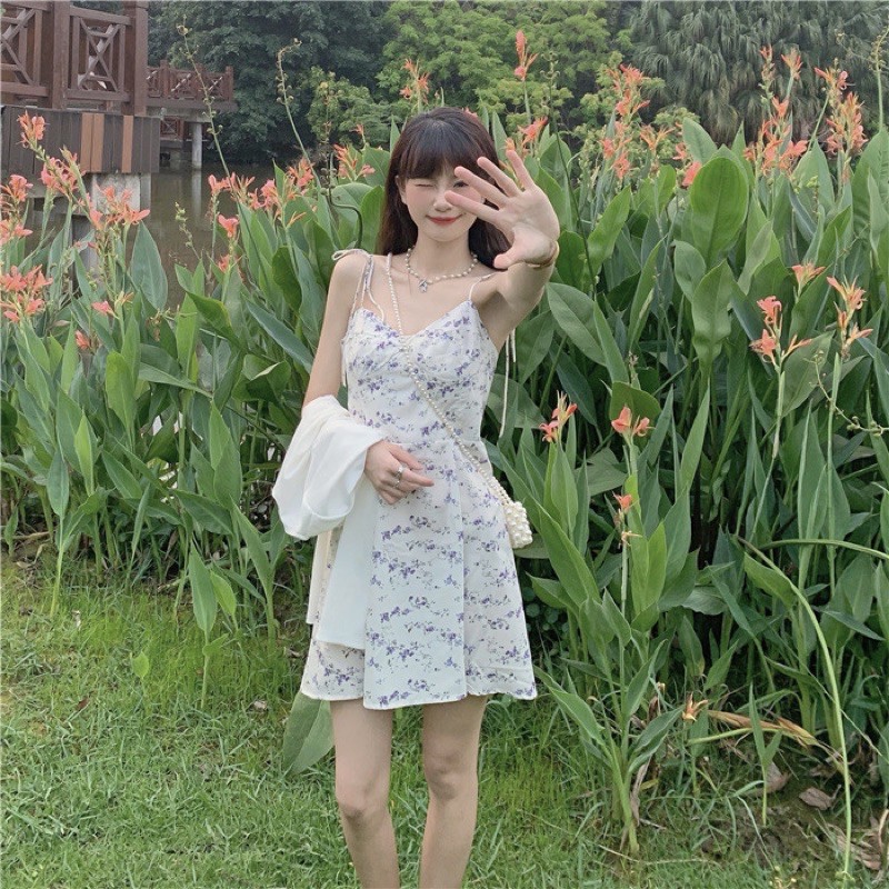 [ Order taobao]( có tách set) Set váy dây( điều chỉnh được) trắng hoa nhí tím áo khoác croptop ullzang