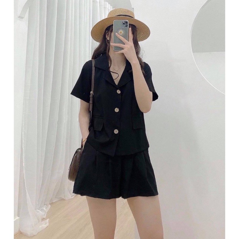 Set áo cộc tay cổ vest quần đùi đũi