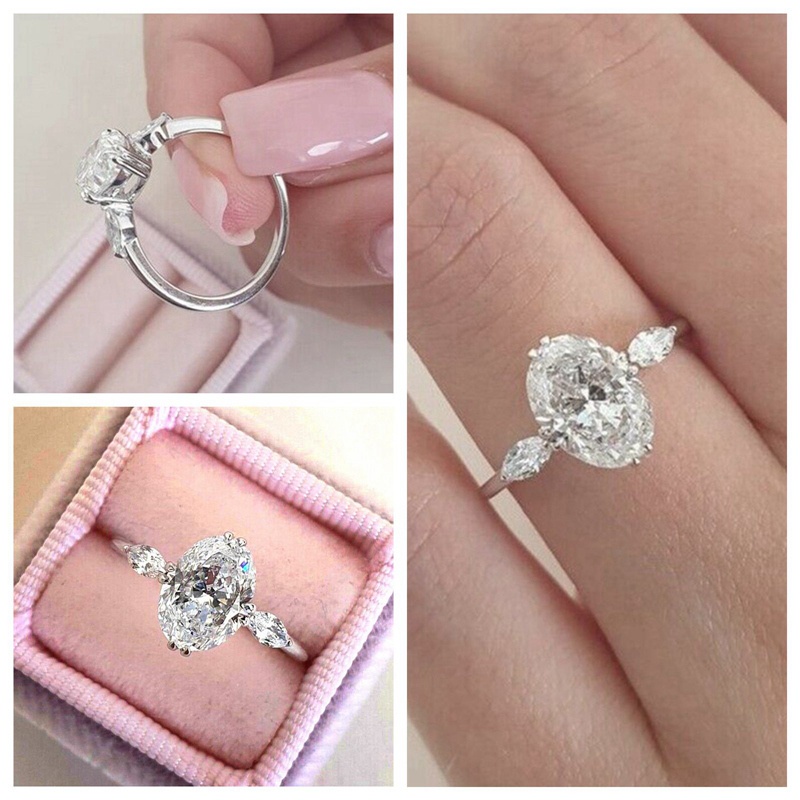 Nhẫn cưới đính đá zircon hình oval/ bầu dục thời trang dành cho nữ