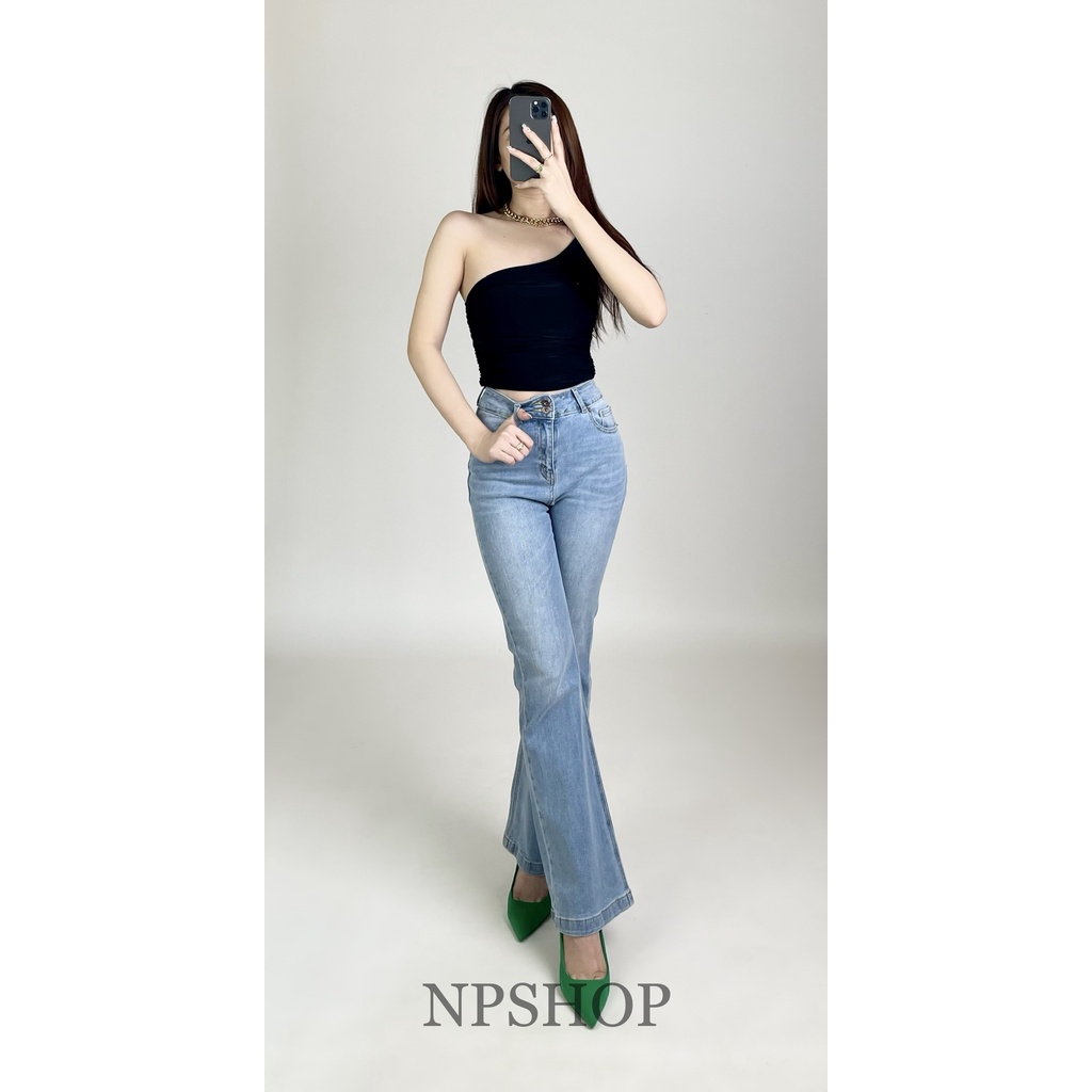 Quần jean nữ ống loe NPSHOP lưng cao cạp 2 nút, quần bò loe nhẹ ống suông cao cấp JNIK005
