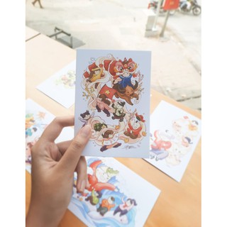 Set 6 tấm postcard tặng kèm sticker về trò chơi dân gian vẽ bởi artist Huyền | Little Memory