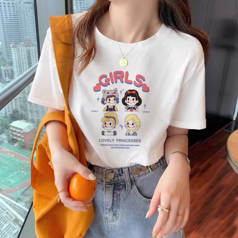 NRVP Áo thun 100% cotton tay ngắn cổ tròn dáng rộng in hình hoạt hình phong cách Hàn Quốc cho nữ