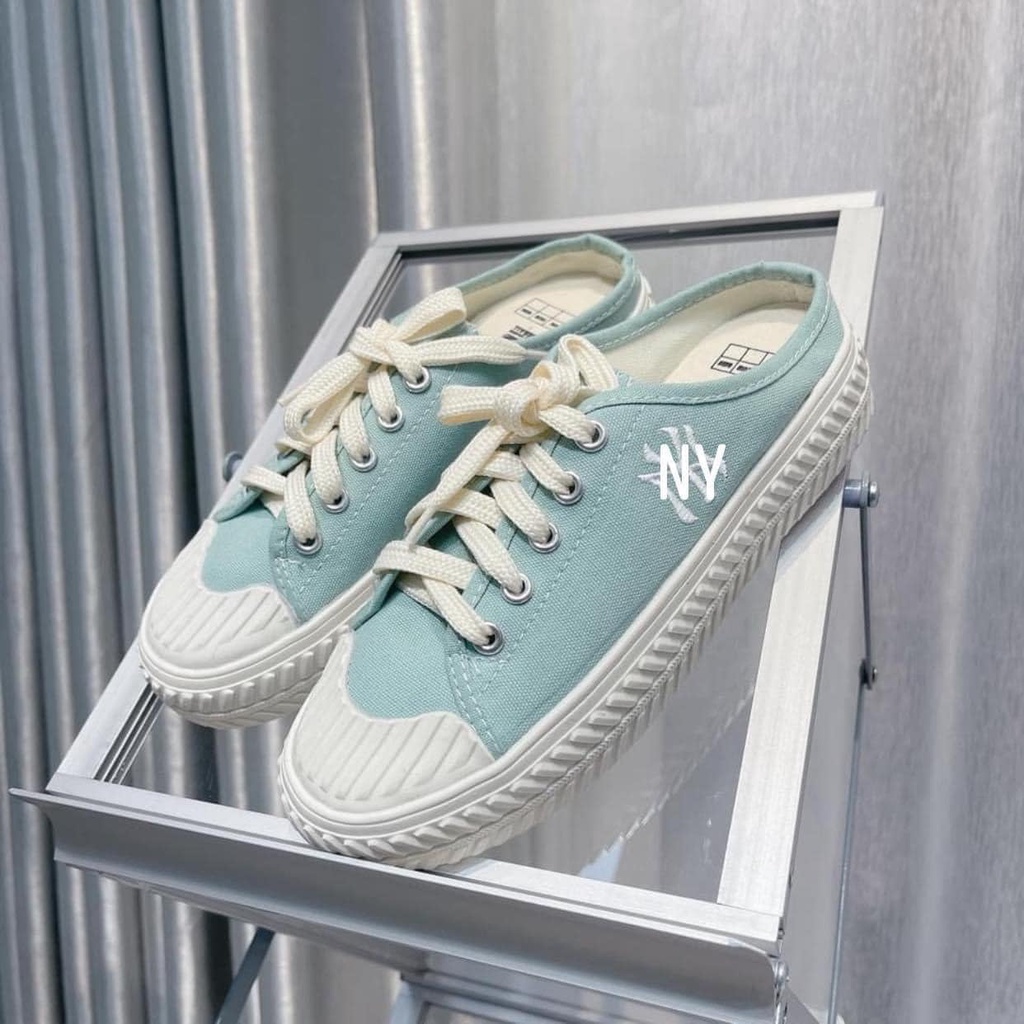 Giày sục thể thao nữ thêu chữ N sục bata đạp gót đế bánh mì 3cm màu xanh lá hot trend 2022