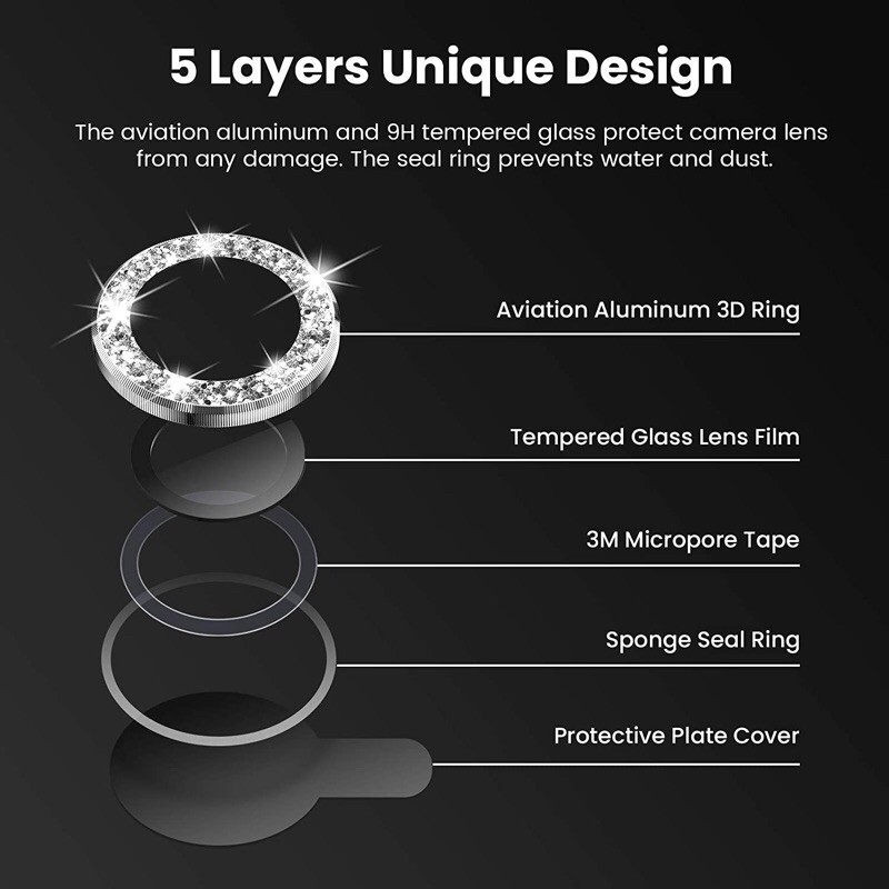 Bộ miếng dán kính cường lực Camera Diamond đính đá cho iP 12 Pro Max hiệu Kuzoom Lens Ring bảo vệ camera