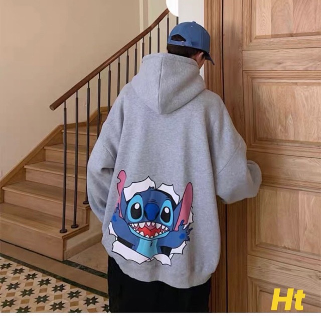 Áo hoodie nỉ mũ in Stitch chó tài thỏ xanh