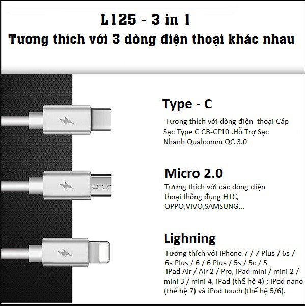 Cáp sạc nhanh điện thoại 3 đầu đa năng Aolidz L125
