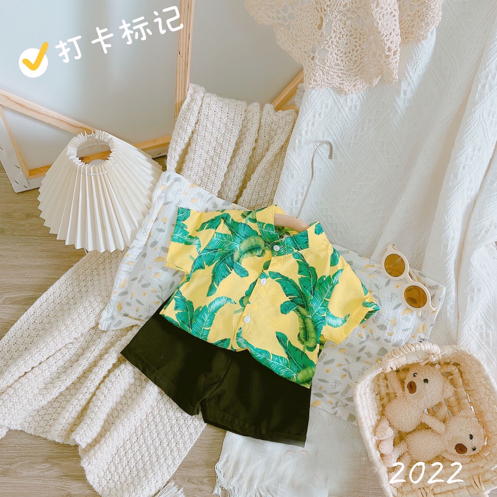 Bộ đi biển bé trai chất đũi cổ trụ in hoa lá mặc mùa hè cho bé trai Moon kids fashion