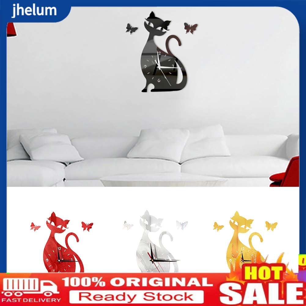 Đồng Hồ Dán Tường Mặt Gương Hình Mèo Đang Ngồi Thiết Kế Sáng Tạo Có Thể Tháo Rời