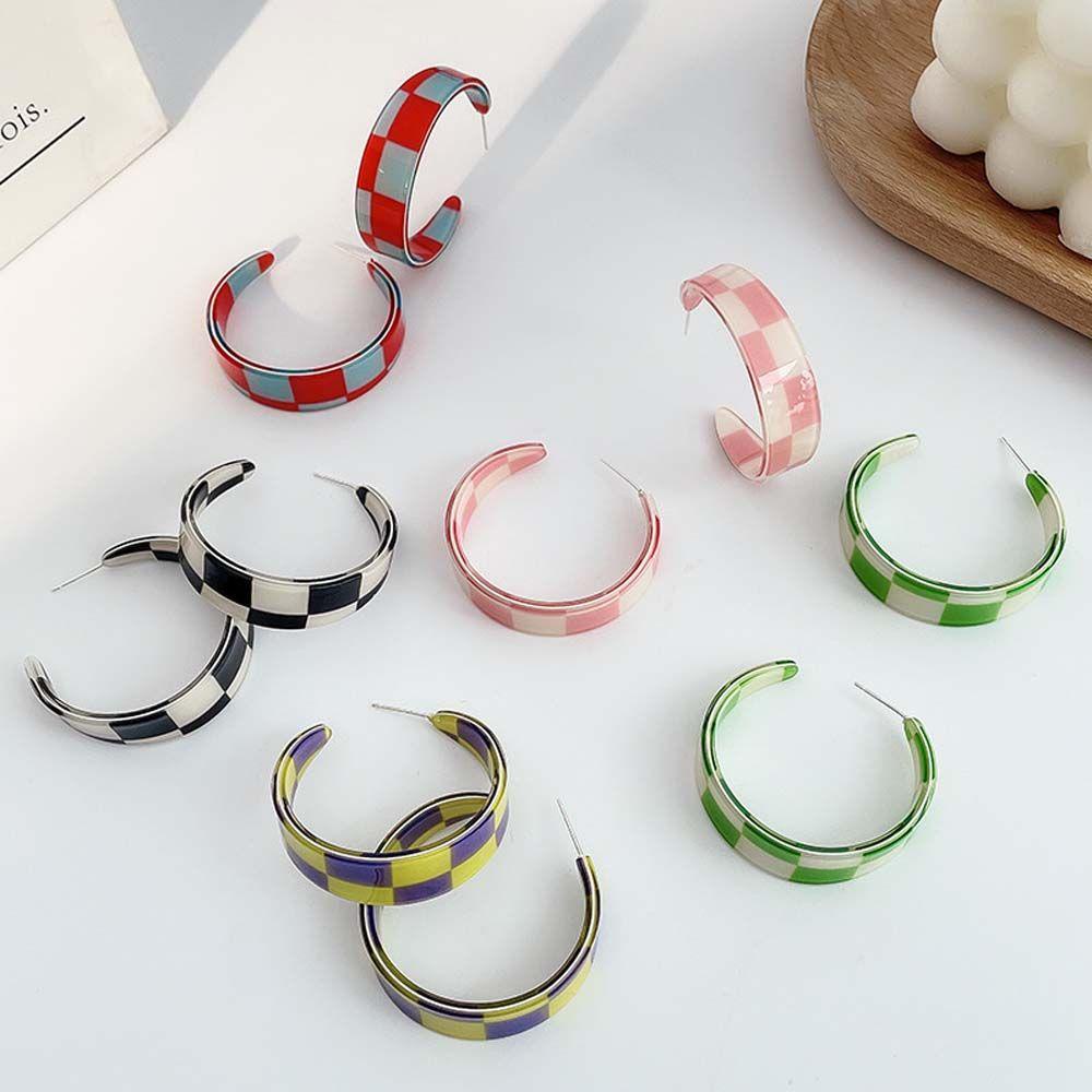 Khuyên Tai Tròn Họa Tiết Kẻ Ô Vuông Trắng Đen Phong Cách Retro Thời Trang