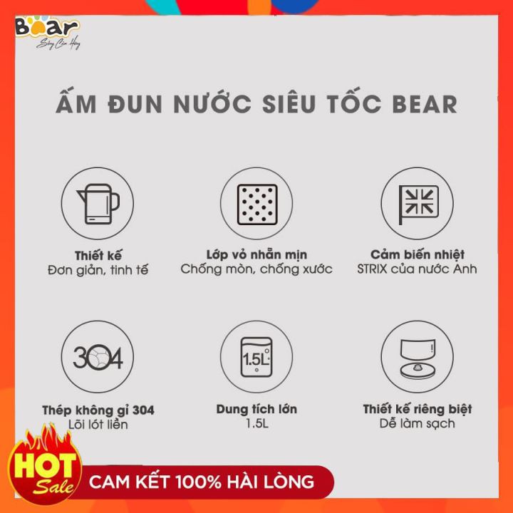 Ấm Siêu Tốc 1.5 Lít Bear ZDH-B15T1_Sôi Nhanh_Chính Hãng Bảo Hành 18 Tháng