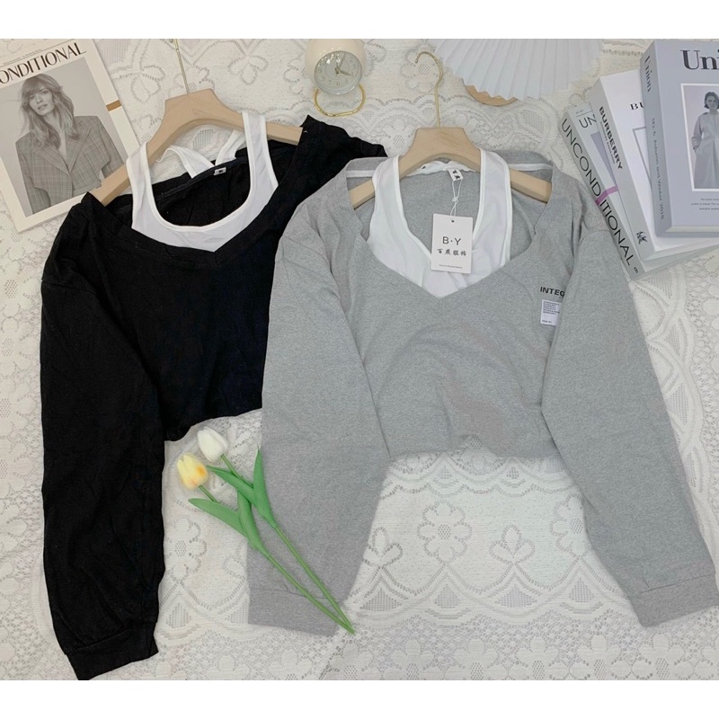 Sét áo croptop nữ thu đông in chữ INTEGRAL siêu xinh - hàng có sẵn