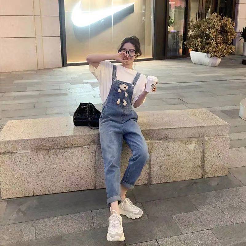 Jumpsuit Denim Dáng Rộng In Họa Tiết Hoạt Hình Phong Cách Hàn Quốc Thời Trang Xuân Hè Cho Nữ
