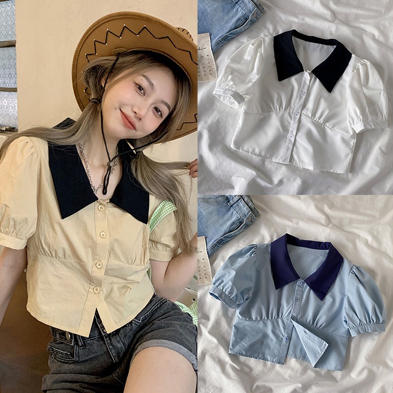 Áo Thun Crop Top Tay Ngắn Phồng Một Hàng Nút Cổ Bẻ Màu Sắc Ngọt Ngào Phong Cách Hàn Quốc Cho Nữ