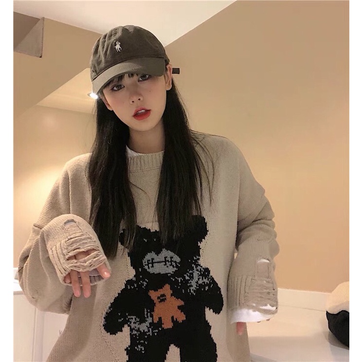 [HÀNG OD]Áo len Sweater Cổ Tròn Dáng Rộng Phối Rách In Hình Gấu Kiểu Hàn Quốc Cá Tính kèm ảnh thât | BigBuy360 - bigbuy360.vn