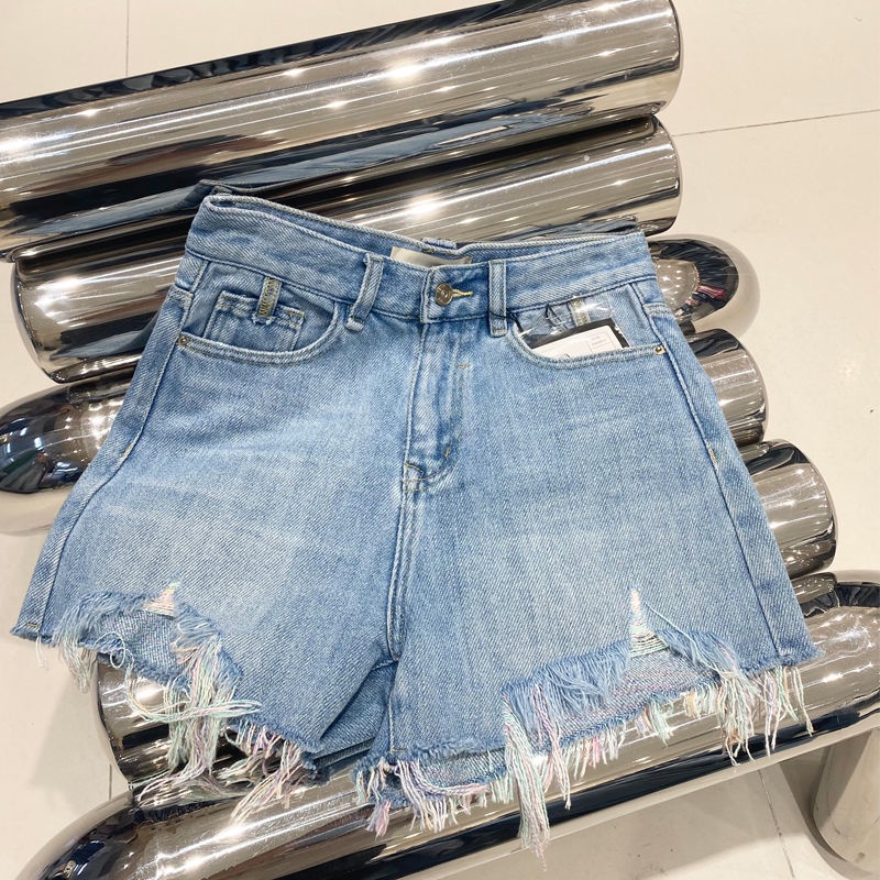Quần Short Denim Dáng Chữ A Ống Rộng Lưng Cao Phối Màu Sắc Tương Phản 2022