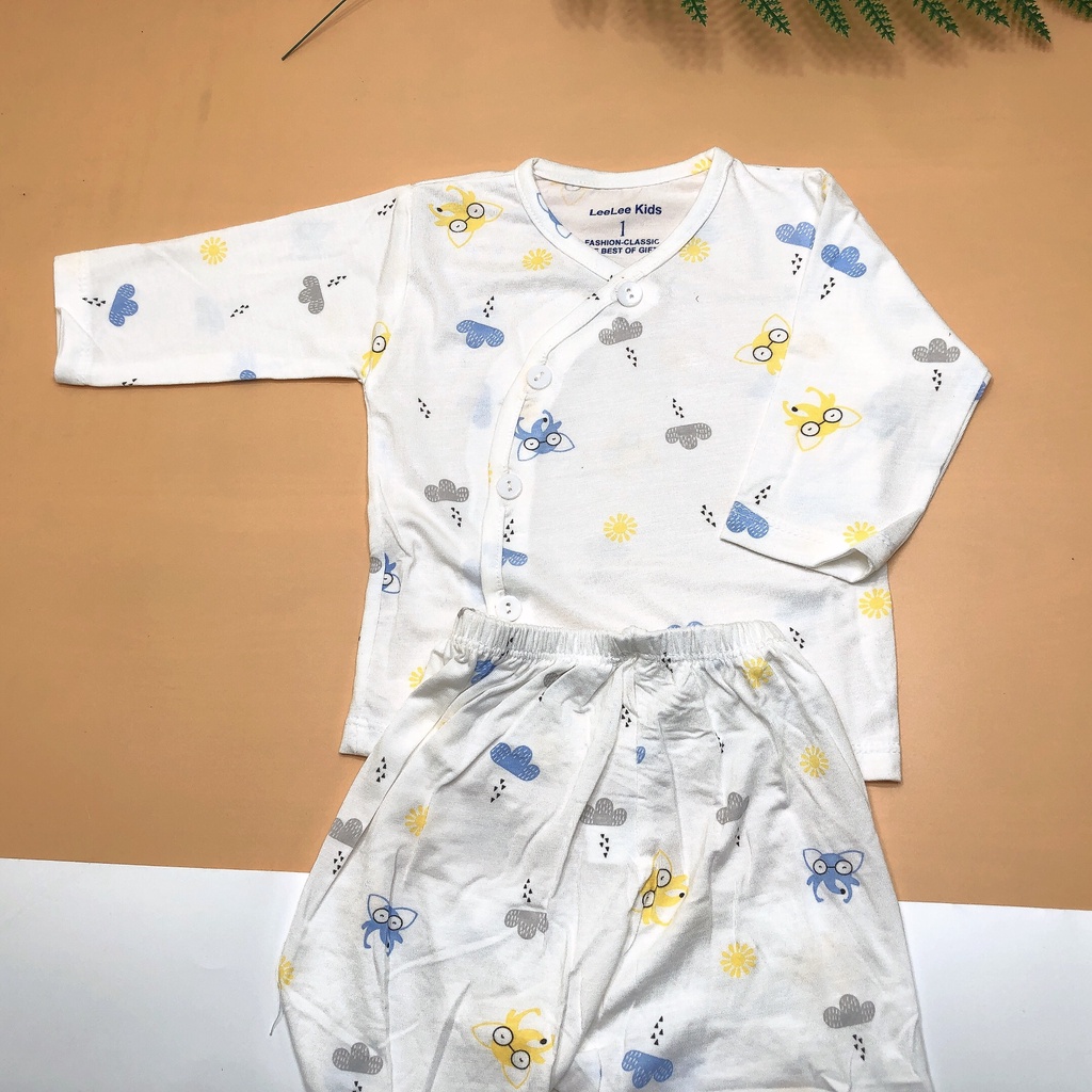 Bộ quần áo dài tay cài lệch pettit Thun lạnh họa tiết nghộ nghĩnh đáng yêu cho bé 3-8kg
