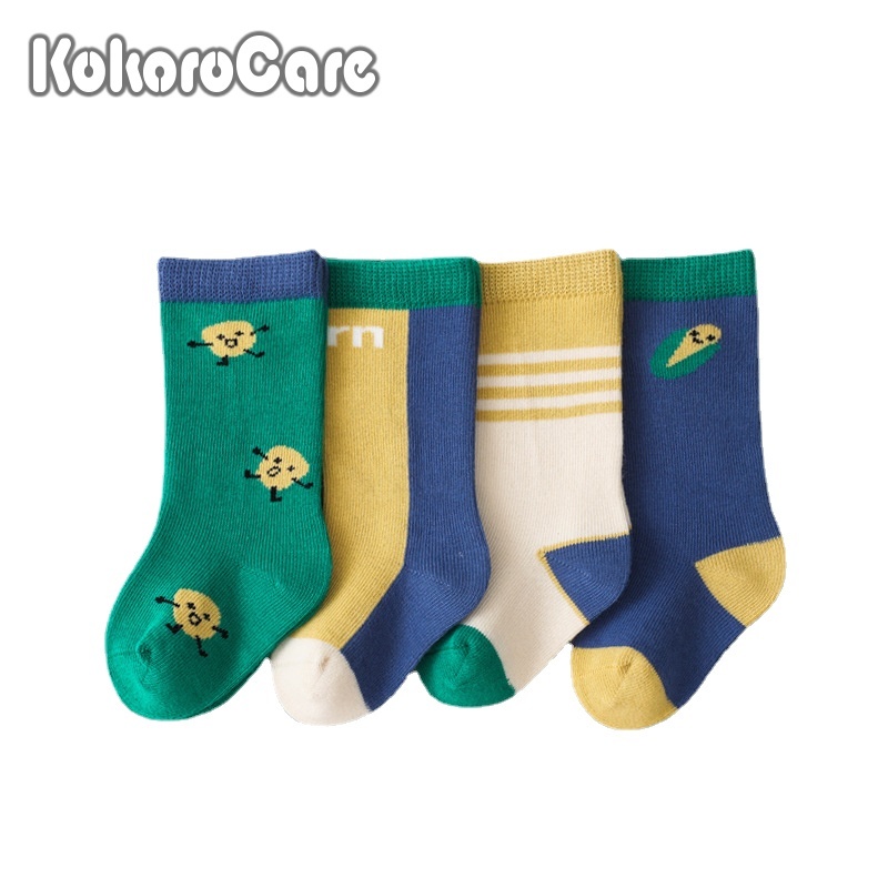 Set 4 đôi vớ KOKOROCARE YS-03 in họa tiết rau củ quả mùa thu đông hoạt hình màu vàng xanh lá S/M/L/XL cho bé 0-8 tuổi