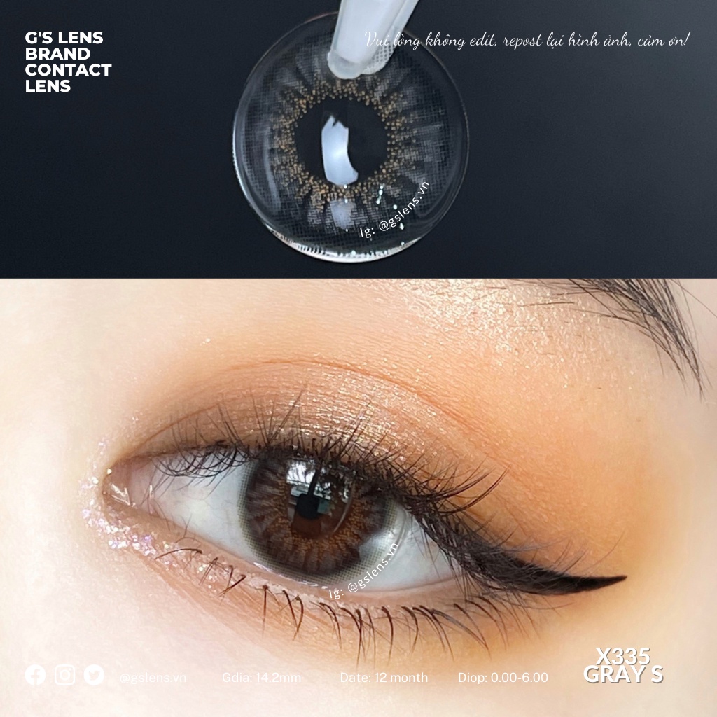 Lens Mắt Kính Áp Tròng Xám Vân Xước X335 Gray Giãn Ít Có Từ 0 Đến 6 Độ Lệch Độ Size S 14.2mm