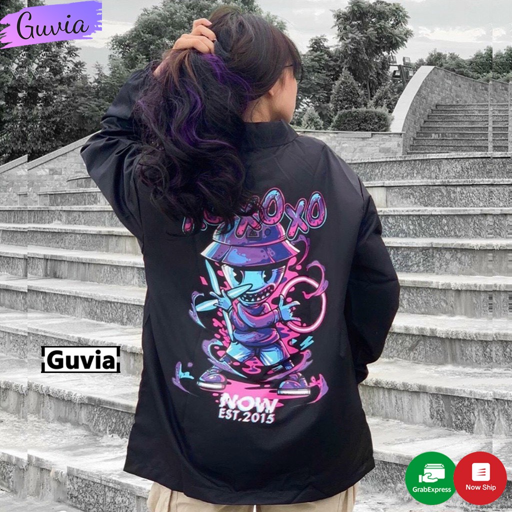 Áo khoác dù 2 lớp chống nắng nút bấm form rộng in hình XOXOXO áo khoác đôi nam nữ Unisex Guvia