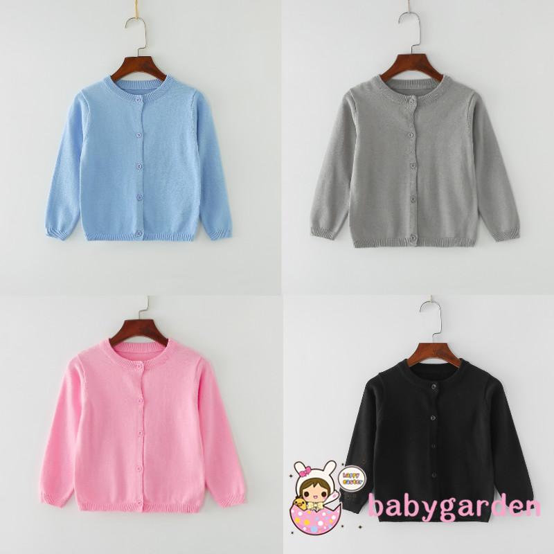 BABYGARDEN-Kids Solid Color Sweater, Long Sleeve Round Collar Button Open Front Knitwear Coat, Pink/ Grey/ Black/ Blue