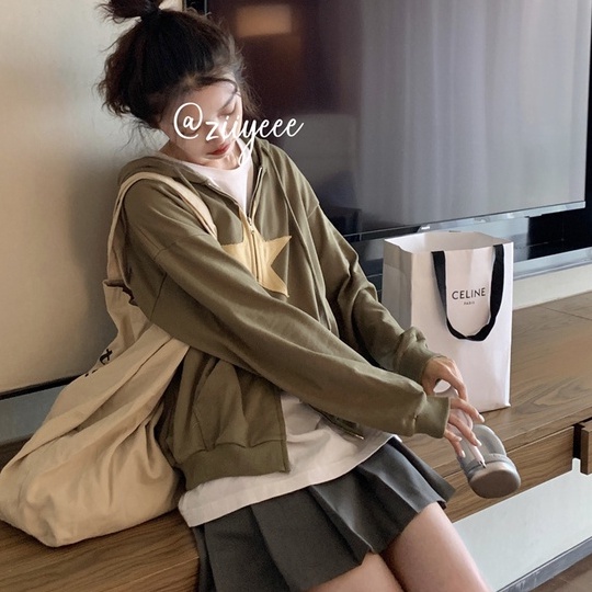 ZHELIHANGFEI Áo Hoodie Dài Tay Dáng Rộng Phối Khóa Kéo Phong Cách Retro Mỹ