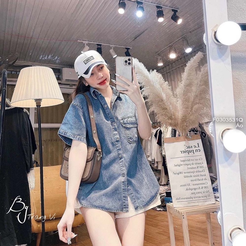 Áo sơ mi jeans hai túi tay ngắnn
