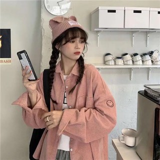 Áo Khoác Sơ Mi Nhung Tay In Mặt Cười Túi Trước Form Rộng Đẹp - Shop3nunisex