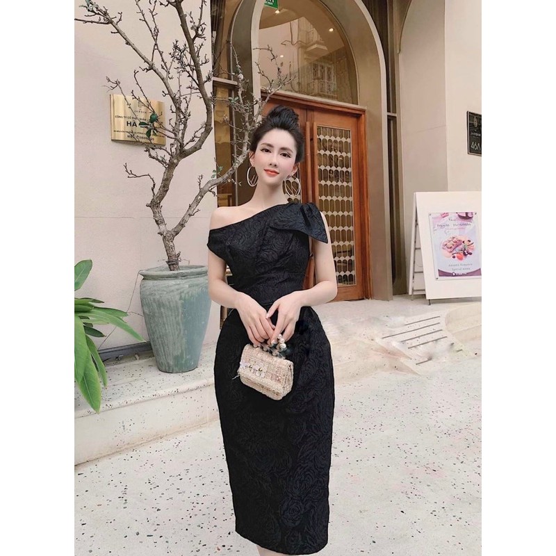Đầm lệch vai gấm nơ 2 màu🌷Đầm dự tiệc | BigBuy360 - bigbuy360.vn