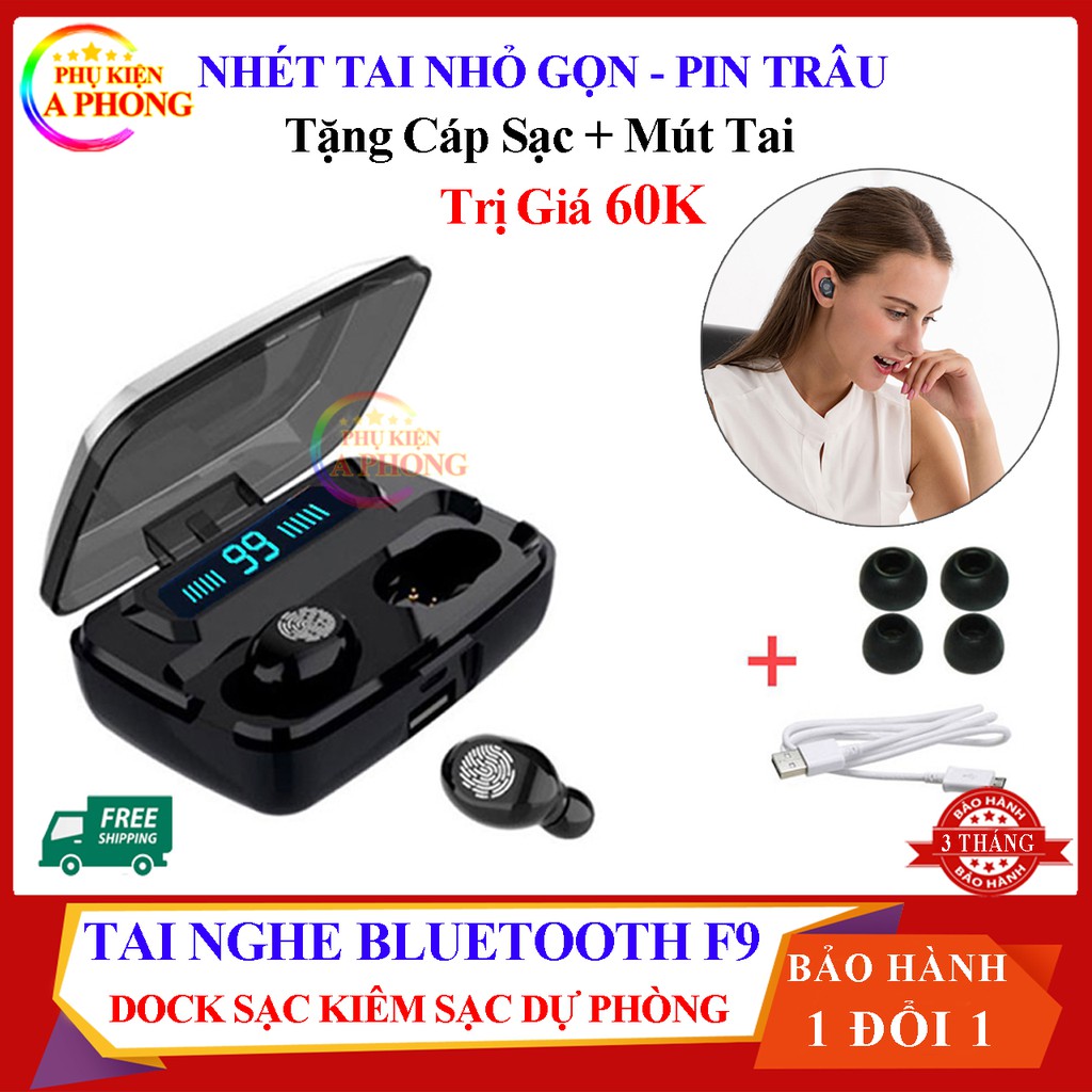 [Mẫu Hot + Free Ship] Tai nghe Bluetooth Mini F9 Stereo 5.0 - Tai nghe không dây có Dock sạc kiêm sạc dự phòng 2000mAh