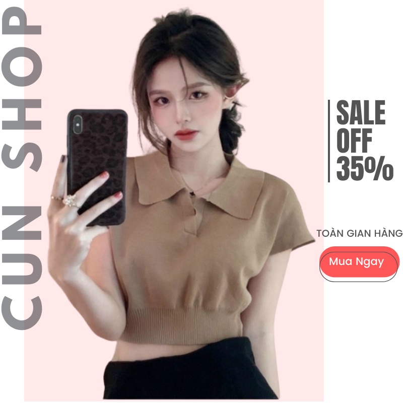 Áo Len Gân croptop cổ bẻ bo eo Quảng châu len gân tăm tay ngắn tôn dáng sành điệu