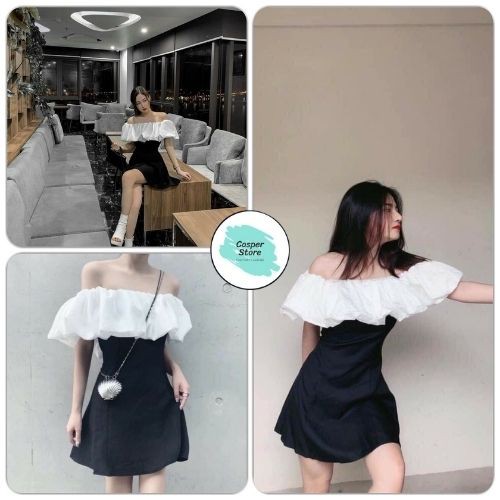 Váy Body Trễ Vai Phối Ngực Trắng Nữ ⚡ Casper.Store | FREESHIP | ⚡ Váy tiểu thư bánh bèo dáng ôm tay bồng trẻ trung