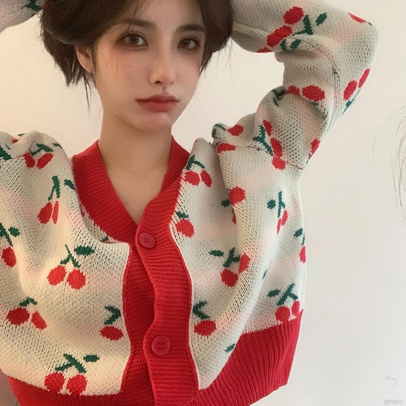 Áo len cổ chữ V tay dài in hình quả anh đào phong cách Hàn Quốc cổ điển cho nữ