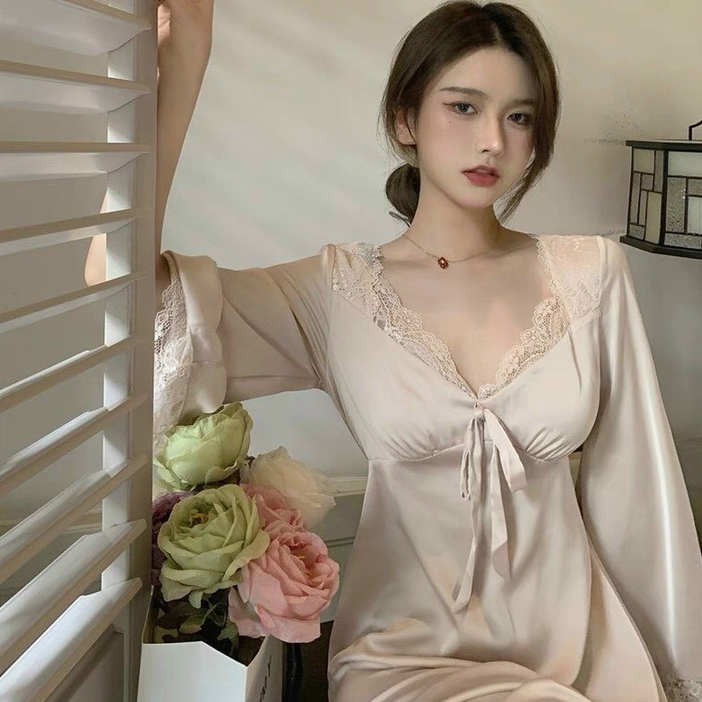 [Hàng Cao Cấp]Váy lụa ngủ dài tay dáng dài phối ren, đầm ngủ lụa cao cấp dài tay mềm mịn mặc thoáng nhẹ thanh lịch | BigBuy360 - bigbuy360.vn