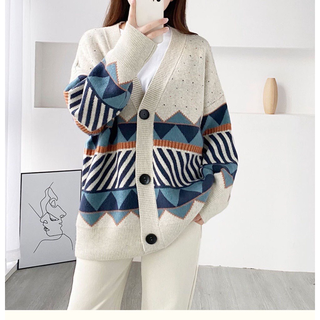 Áo cardigan len thổ cẩm Junnie Closet Áo choàng họa tiết phong cách Hàn Quốc