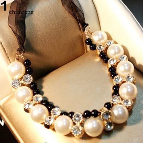 Vòng cổ Choker PhốI Dây Ruy Băng HạT NgọC Trai Giả ThờI Trang Cho Nữ